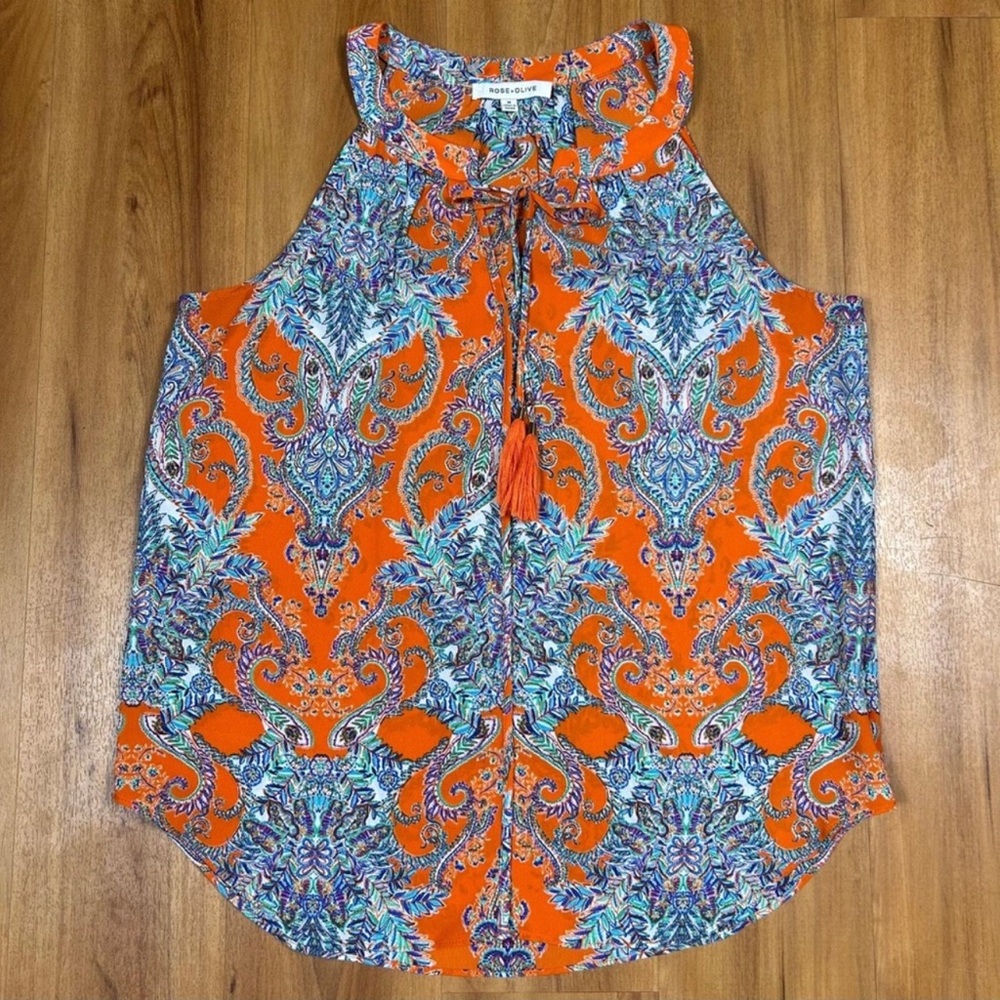 Rose & Olive Orange and Blue Graphic Tie Front Blouse size:M